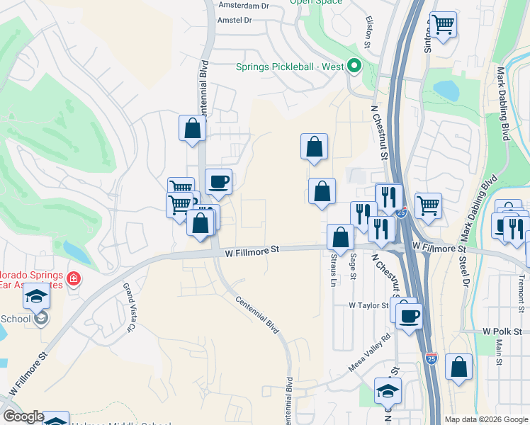 map of restaurants, bars, coffee shops, grocery stores, and more near 1300 West Fillmore Street in Colorado Springs