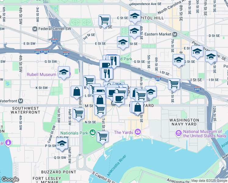 map of restaurants, bars, coffee shops, grocery stores, and more near 101 Independence Avenue Southeast in Washington
