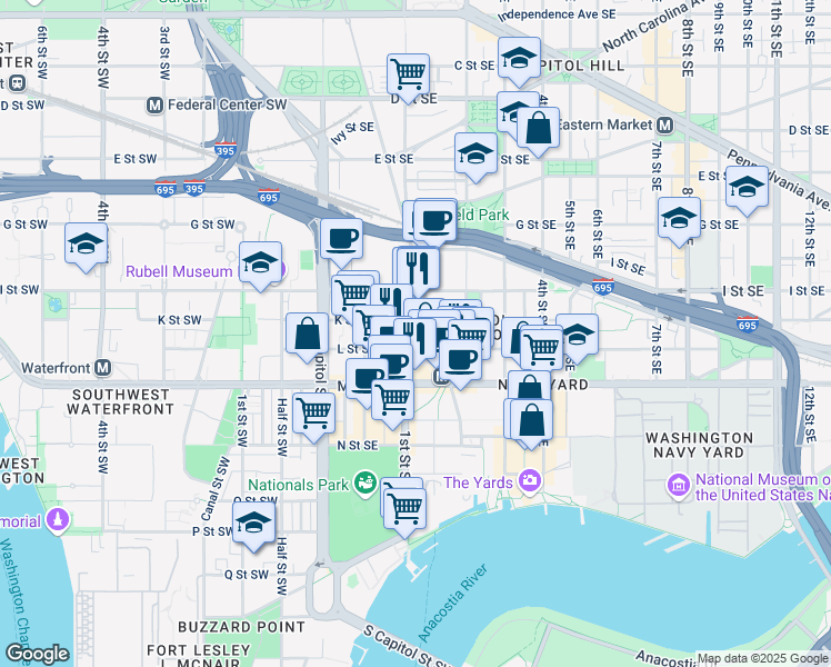 map of restaurants, bars, coffee shops, grocery stores, and more near 101 Independence Avenue Southeast in Washington