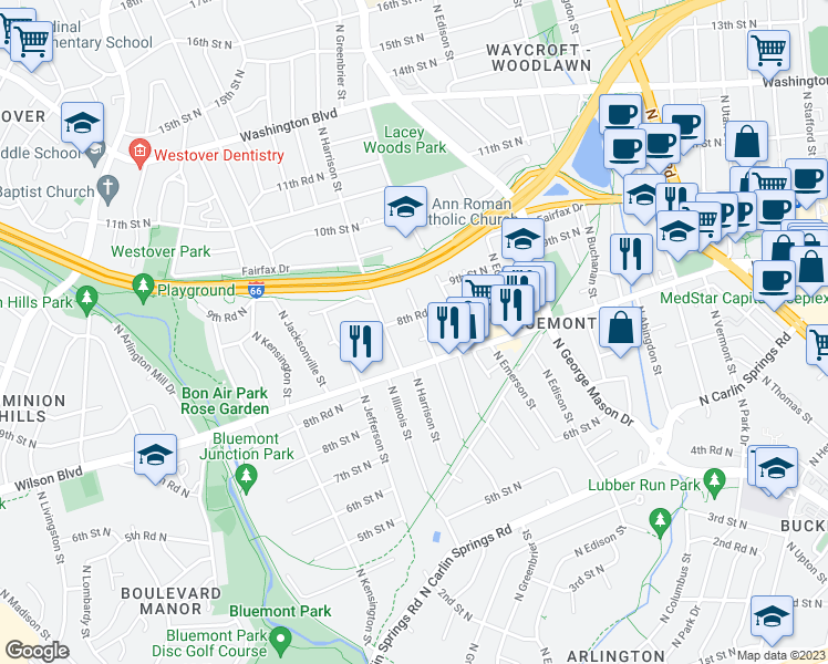 map of restaurants, bars, coffee shops, grocery stores, and more near 858 North Greenbrier Street in Arlington