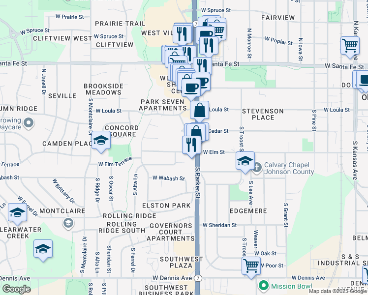 map of restaurants, bars, coffee shops, grocery stores, and more near 1000 West Elm Street in Olathe