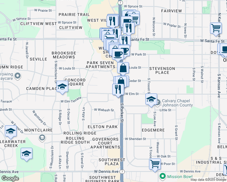 map of restaurants, bars, coffee shops, grocery stores, and more near 1000 West Elm Street in Olathe