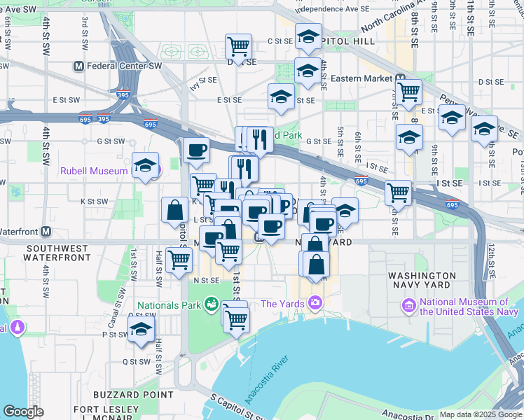 map of restaurants, bars, coffee shops, grocery stores, and more near 101 Independence Avenue Southeast in Washington