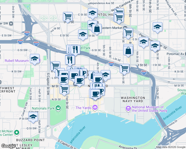 map of restaurants, bars, coffee shops, grocery stores, and more near 101 Independence Avenue Southeast in Washington