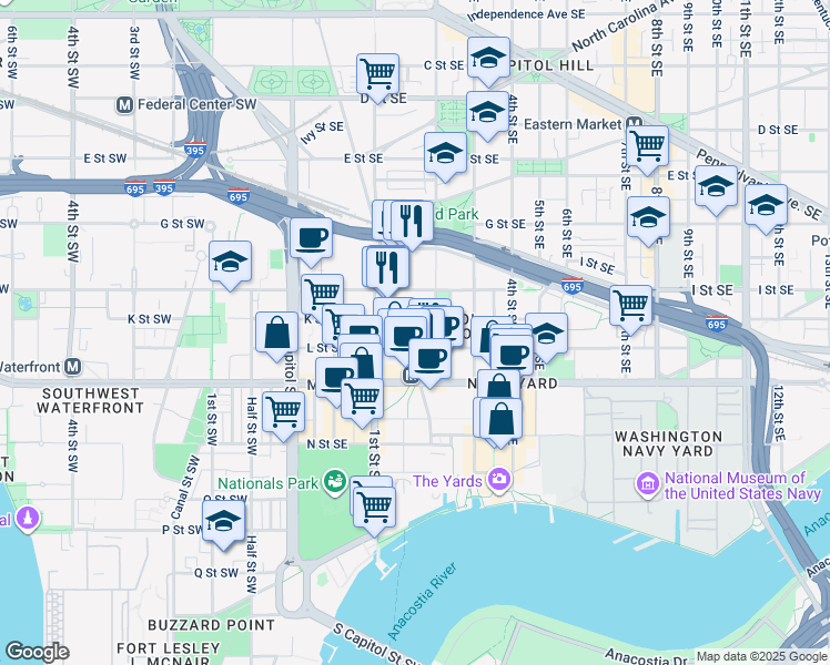 map of restaurants, bars, coffee shops, grocery stores, and more near 1000 New Jersey Avenue Southeast in Washington