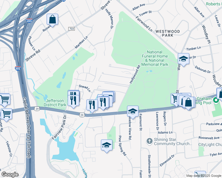 map of restaurants, bars, coffee shops, grocery stores, and more near 7650 Lee Landing Drive in Falls Church
