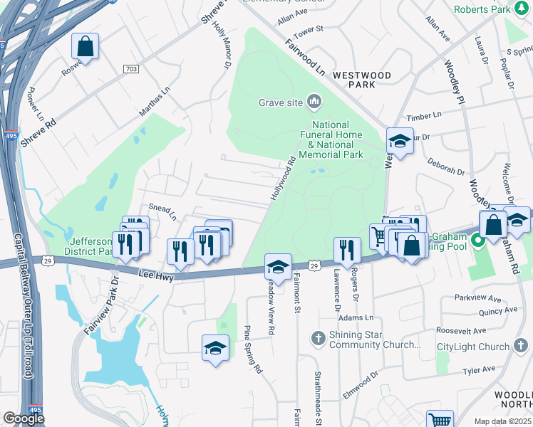 map of restaurants, bars, coffee shops, grocery stores, and more near 2802 Hollywood Road in Falls Church