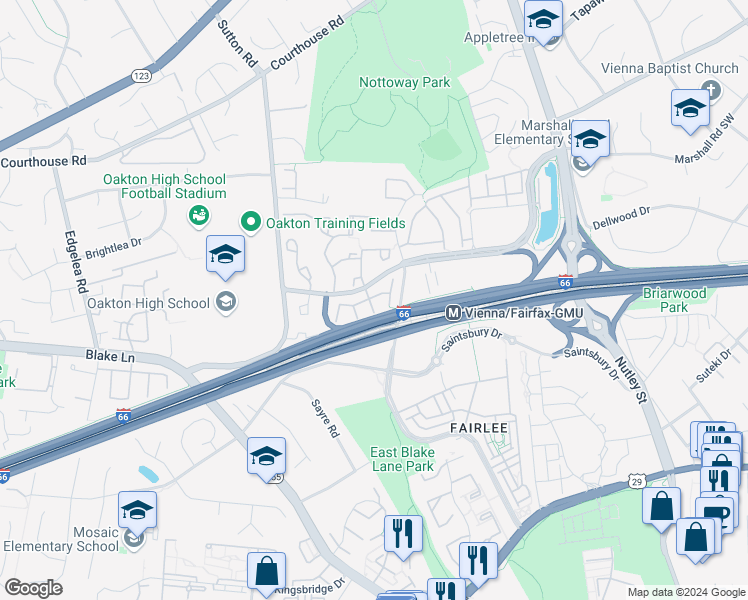 map of restaurants, bars, coffee shops, grocery stores, and more near 2901 Fairfax Metro Lane in Vienna