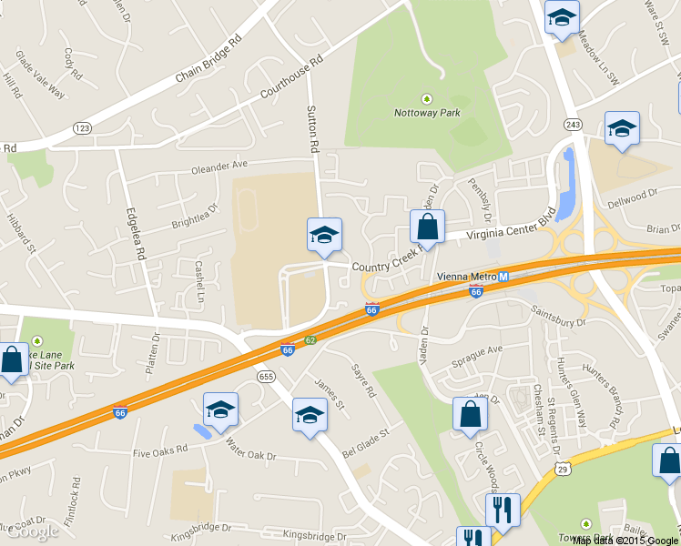 map of restaurants, bars, coffee shops, grocery stores, and more near 2914 Rensselaer Court in Vienna