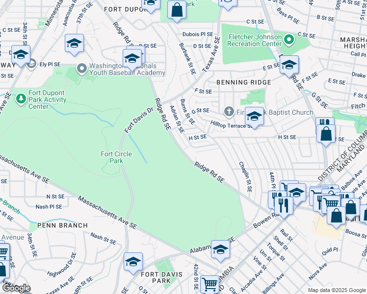 map of restaurants, bars, coffee shops, grocery stores, and more near 742 Ridge Road Southeast in Washington