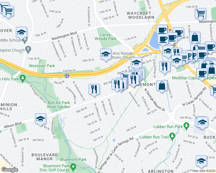 map of restaurants, bars, coffee shops, grocery stores, and more near 858 North Greenbrier Street in Arlington