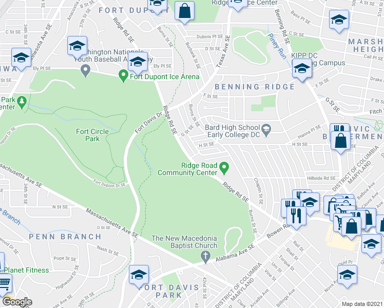 map of restaurants, bars, coffee shops, grocery stores, and more near 742 Ridge Road Southeast in Washington