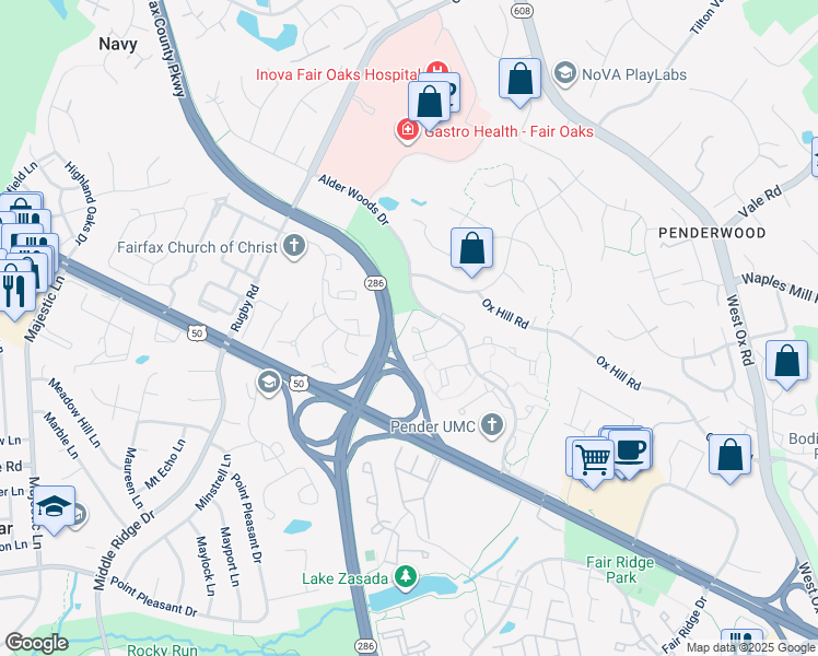 map of restaurants, bars, coffee shops, grocery stores, and more near 3875 Alder Woods Court in Fairfax