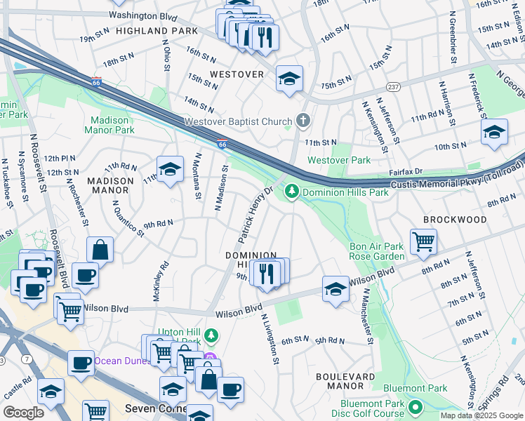 map of restaurants, bars, coffee shops, grocery stores, and more near 1000 North Lebanon Street in Arlington