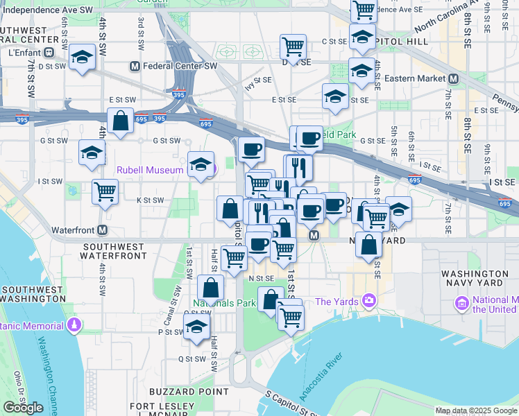 map of restaurants, bars, coffee shops, grocery stores, and more near 1015 Half Street Southeast in Washington
