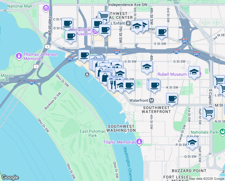 map of restaurants, bars, coffee shops, grocery stores, and more near 680 Maine Avenue Southwest in Washington