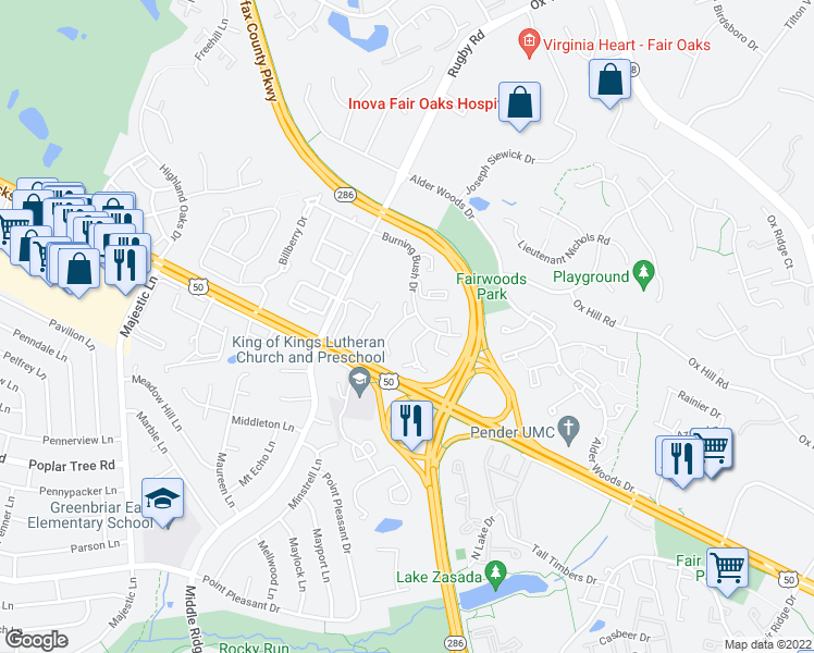 map of restaurants, bars, coffee shops, grocery stores, and more near 3929 Tallow Tree Place in Fairfax