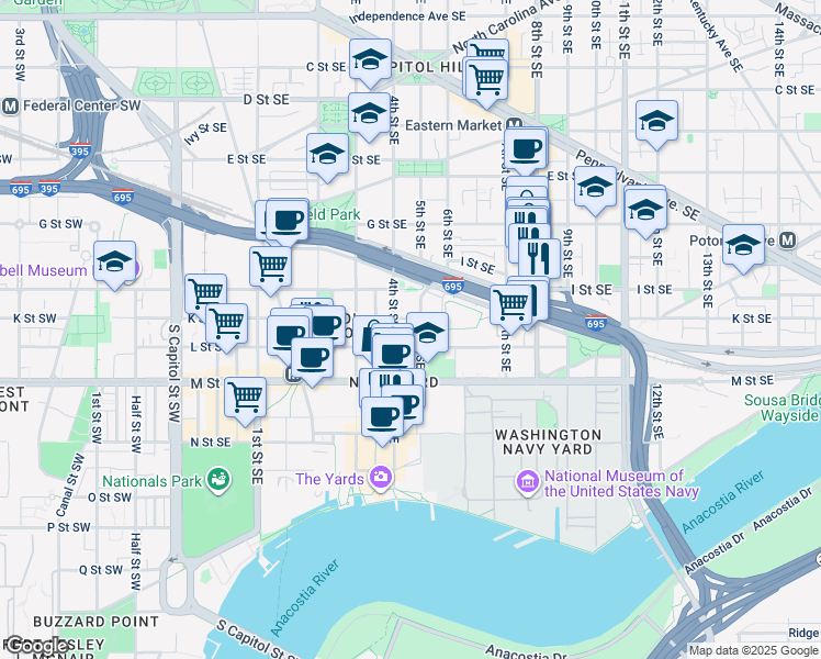 map of restaurants, bars, coffee shops, grocery stores, and more near 1019 5th Street Southeast in Washington