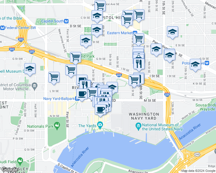 map of restaurants, bars, coffee shops, grocery stores, and more near 1017 5th Street Southeast in Washington