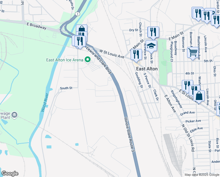 map of restaurants, bars, coffee shops, grocery stores, and more near in East Alton