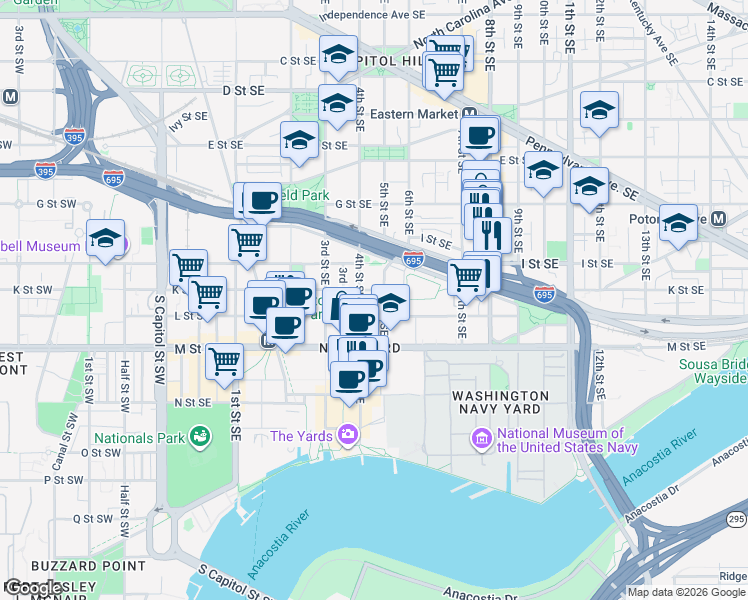 map of restaurants, bars, coffee shops, grocery stores, and more near 101 Independence Avenue Southeast in Washington