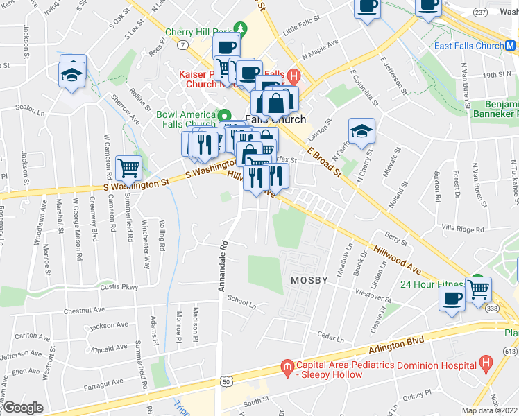 map of restaurants, bars, coffee shops, grocery stores, and more near 2759 Douglass Avenue in Falls Church