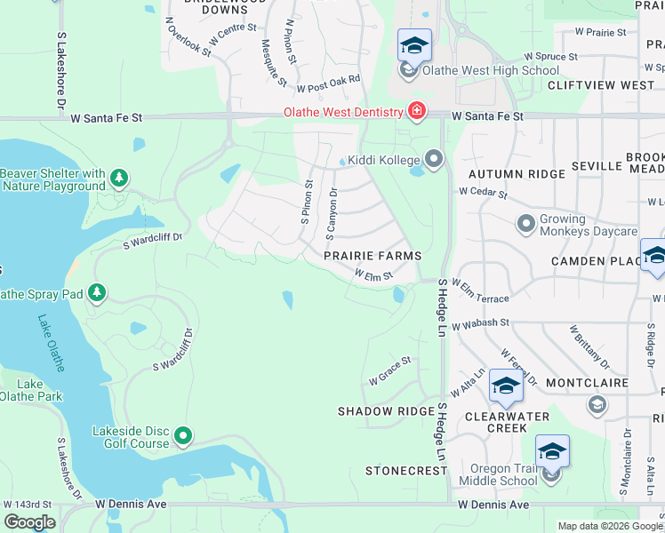 map of restaurants, bars, coffee shops, grocery stores, and more near 2494 West Elm Street in Olathe