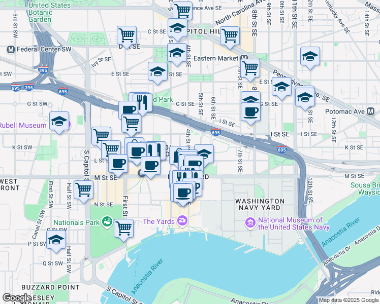 map of restaurants, bars, coffee shops, grocery stores, and more near 1012 4th Street Southeast in Washington