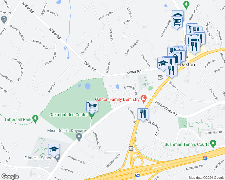 map of restaurants, bars, coffee shops, grocery stores, and more near 2921 Elmridge Court in Oakton