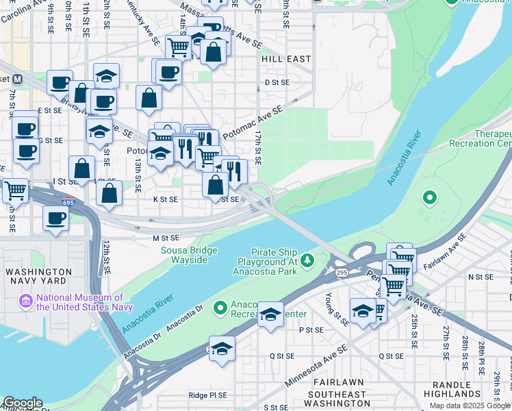 map of restaurants, bars, coffee shops, grocery stores, and more near 101 Independence Avenue Southeast in Washington