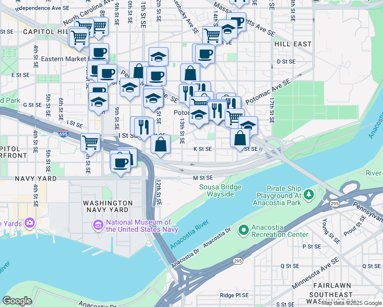 map of restaurants, bars, coffee shops, grocery stores, and more near 101 Independence Avenue Southeast in Washington