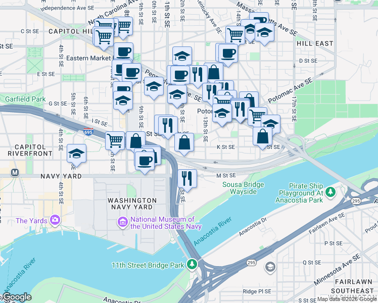 map of restaurants, bars, coffee shops, grocery stores, and more near 101 Independence Avenue Southeast in Washington
