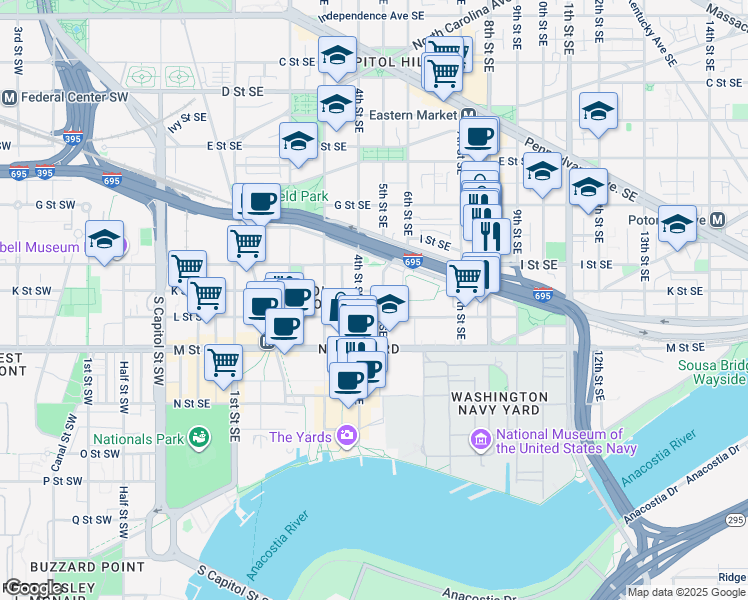 map of restaurants, bars, coffee shops, grocery stores, and more near 101 Independence Avenue Southeast in Washington