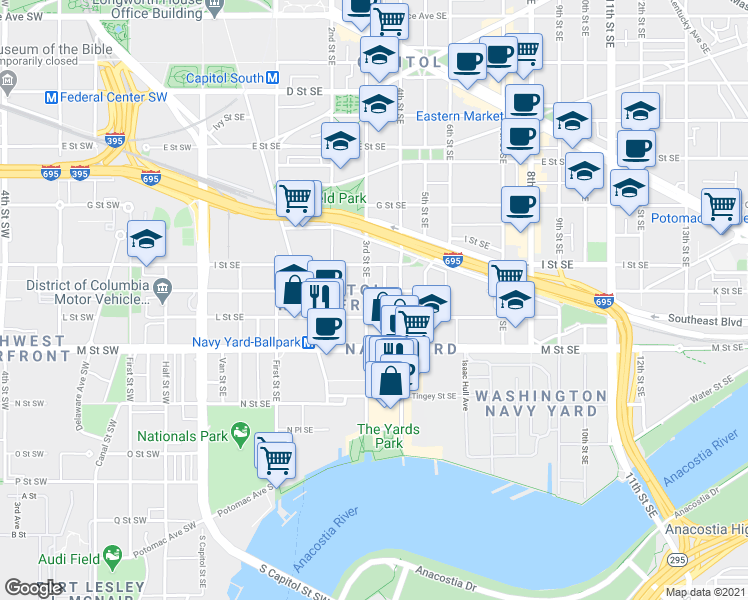 map of restaurants, bars, coffee shops, grocery stores, and more near 101 Independence Avenue Southeast in Washington