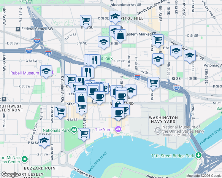 map of restaurants, bars, coffee shops, grocery stores, and more near 101 Independence Avenue Southeast in Washington
