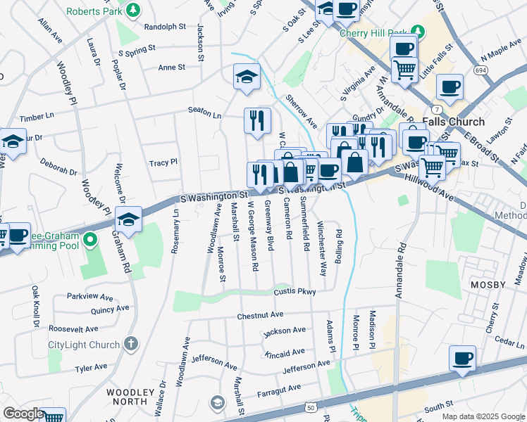 map of restaurants, bars, coffee shops, grocery stores, and more near 2760 Greenway Boulevard in Falls Church
