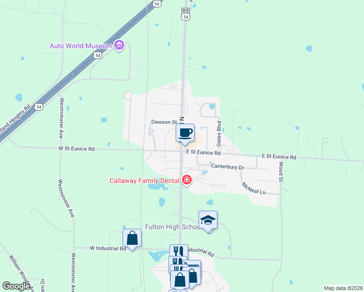 map of restaurants, bars, coffee shops, grocery stores, and more near 2601-2665 North Bluff Street in Fulton