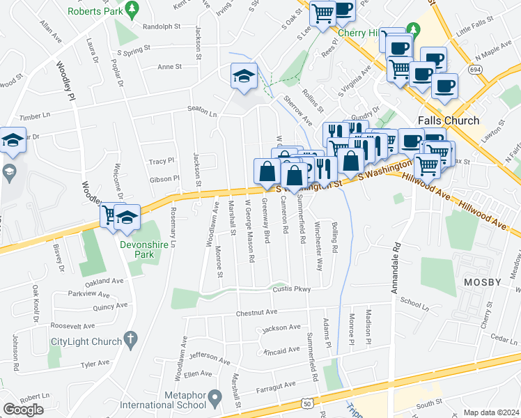map of restaurants, bars, coffee shops, grocery stores, and more near 2760 Greenway Boulevard in Falls Church
