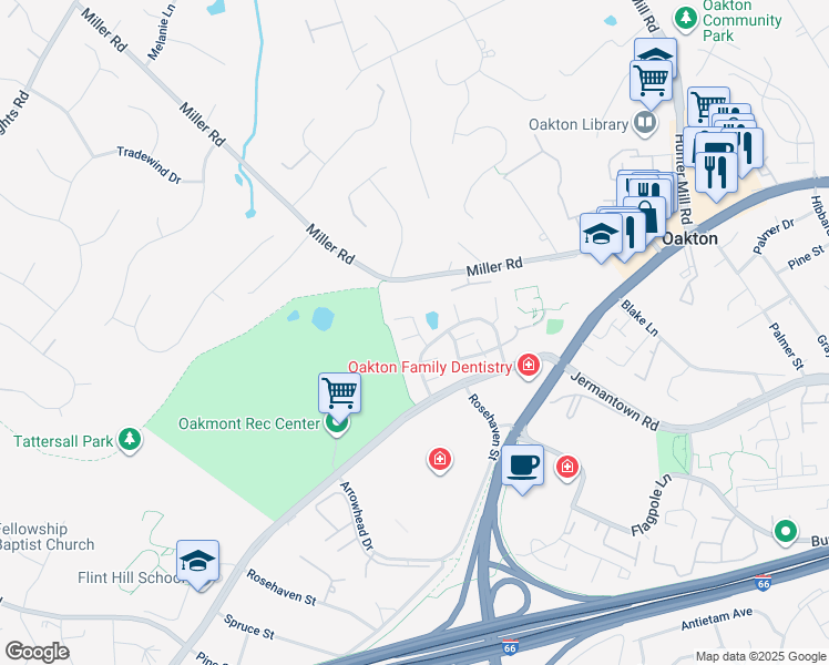 map of restaurants, bars, coffee shops, grocery stores, and more near 2921 Elmridge Court in Oakton