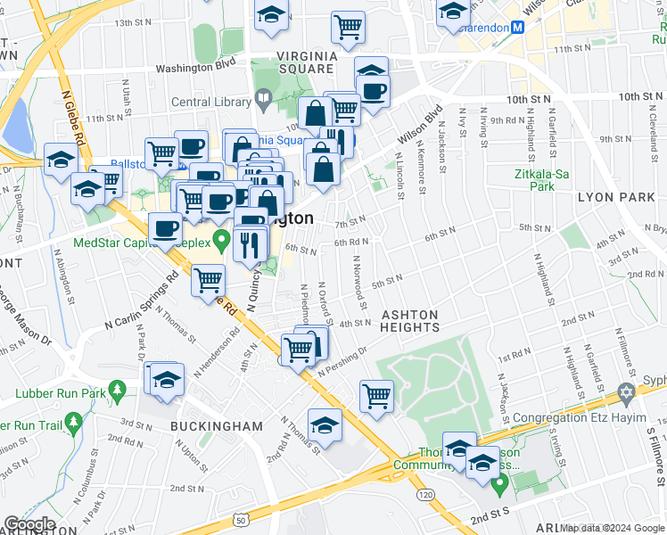 map of restaurants, bars, coffee shops, grocery stores, and more near 536 North Oakland Street in Arlington