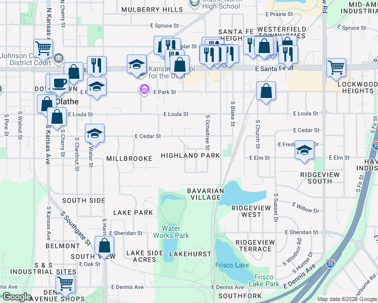 map of restaurants, bars, coffee shops, grocery stores, and more near 500 East Glendale Street in Olathe
