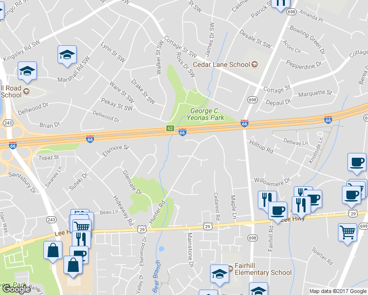 map of restaurants, bars, coffee shops, grocery stores, and more near 8899 Hargrove Court in Fairfax