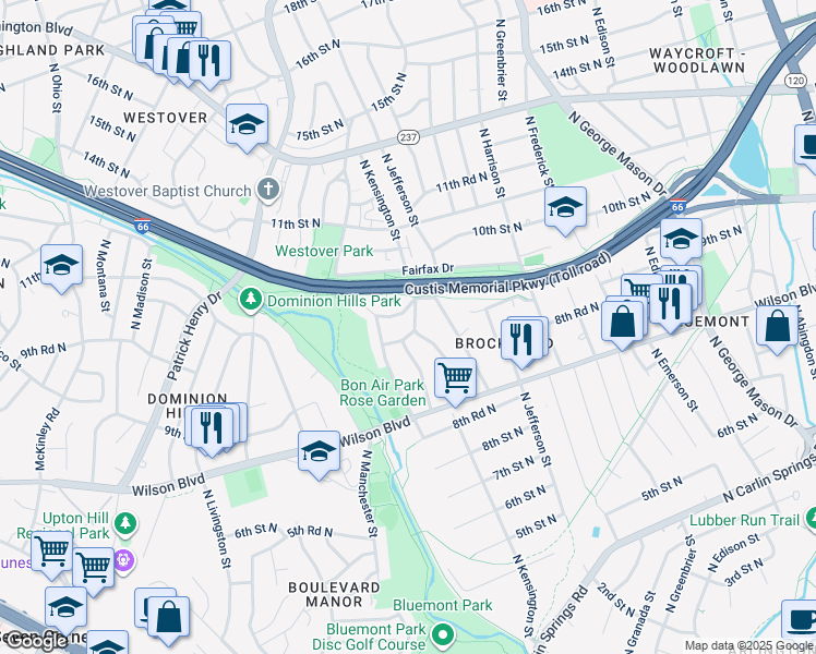 map of restaurants, bars, coffee shops, grocery stores, and more near 900 North Kensington Street in Arlington