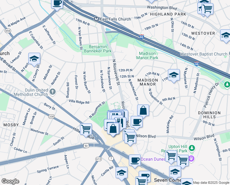 map of restaurants, bars, coffee shops, grocery stores, and more near 997 North Sycamore Street in Falls Church