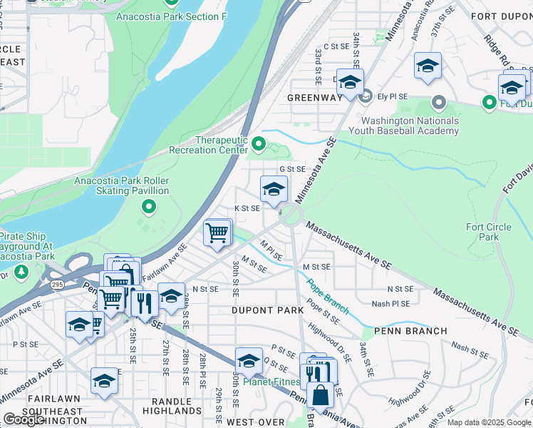 map of restaurants, bars, coffee shops, grocery stores, and more near 3101 K Street Southeast in Washington