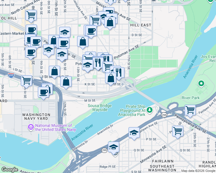 map of restaurants, bars, coffee shops, grocery stores, and more near 101 Independence Avenue Southeast in Washington