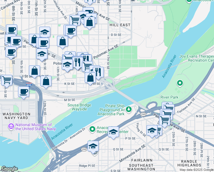 map of restaurants, bars, coffee shops, grocery stores, and more near Pennsylvania Avenue Southeast in Washington
