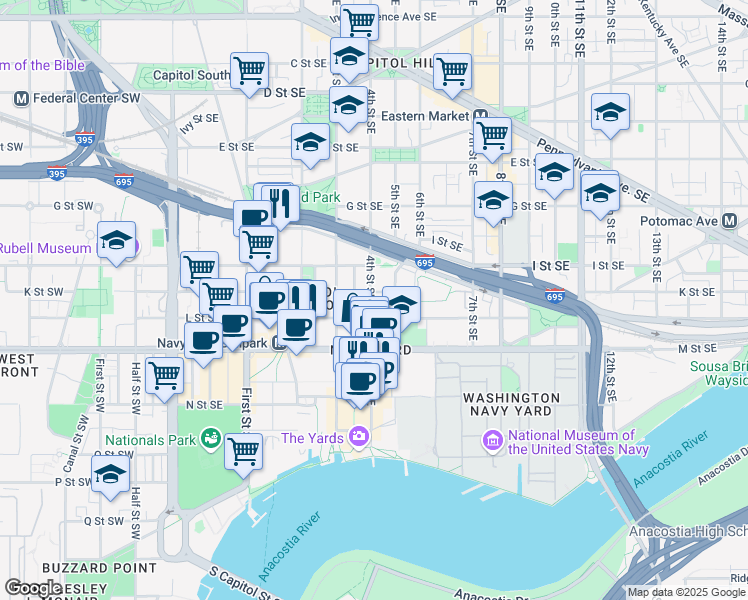 map of restaurants, bars, coffee shops, grocery stores, and more near 1010 4th Street Southeast in Washington