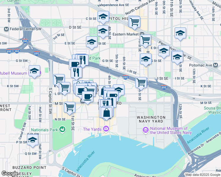 map of restaurants, bars, coffee shops, grocery stores, and more near 1010 4th Street Southeast in Washington