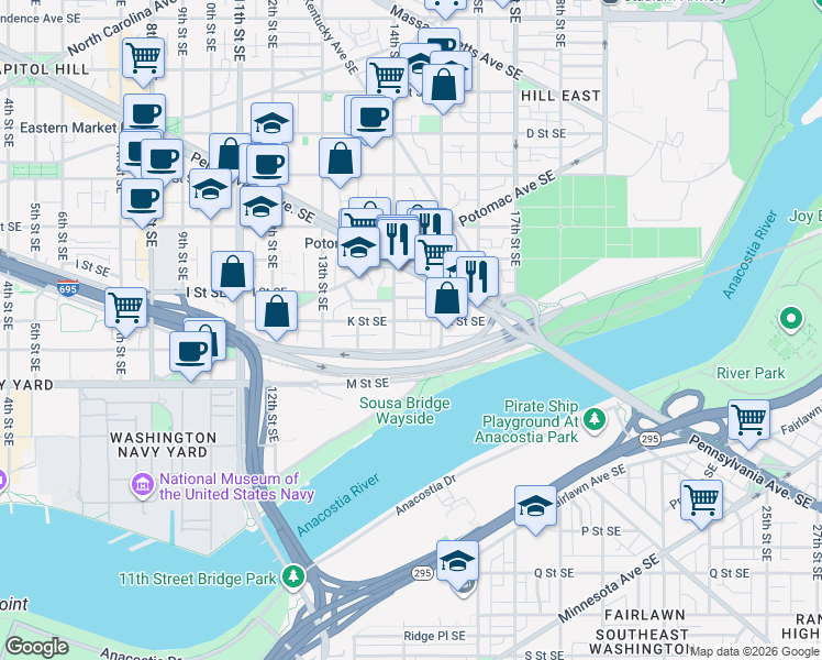 map of restaurants, bars, coffee shops, grocery stores, and more near 1415 K Street Southeast in Washington